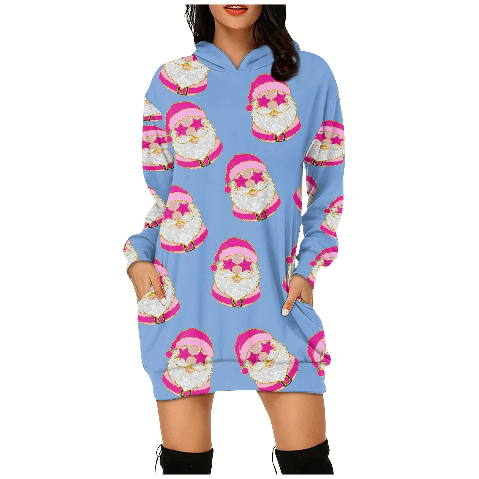 

Christmas Hoodie Bodycon Dress With Pockets Sweatshirts Women's Christmas Hooded Sweatshirt Mini Dress Long Sleeve Pullover