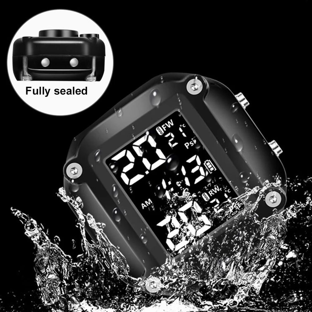 Motorcycle TPMS Tire Pressure Monitoring System With 2 External Sensors LCD Display Motorbike Tyre Temperature Alarm