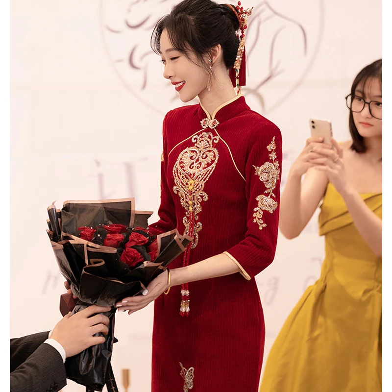 

Women's Sexy Elegant Traditional Chinese Dress Burgundy Vintage Wedding Cheongsam Spring New Toast Clothes Classic Qipao