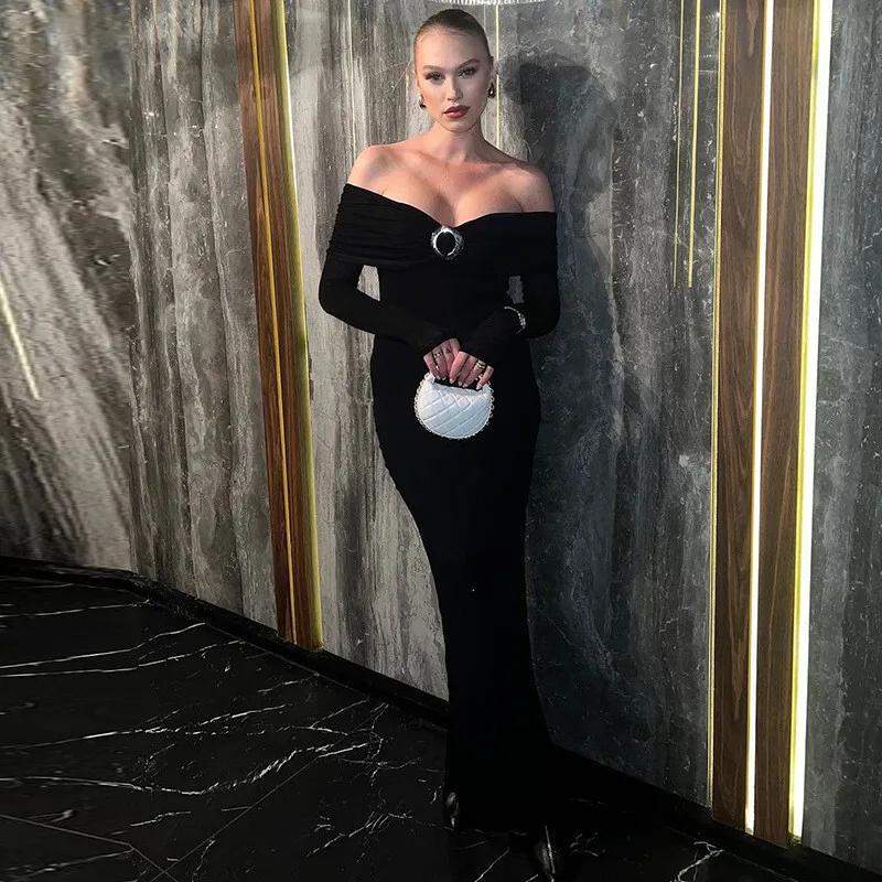 Off-shoulder Long Sleeve Sexy Maxi Dress For Women Autumn New Strapless Backless Bodycon Elegant Club Party Long Dress