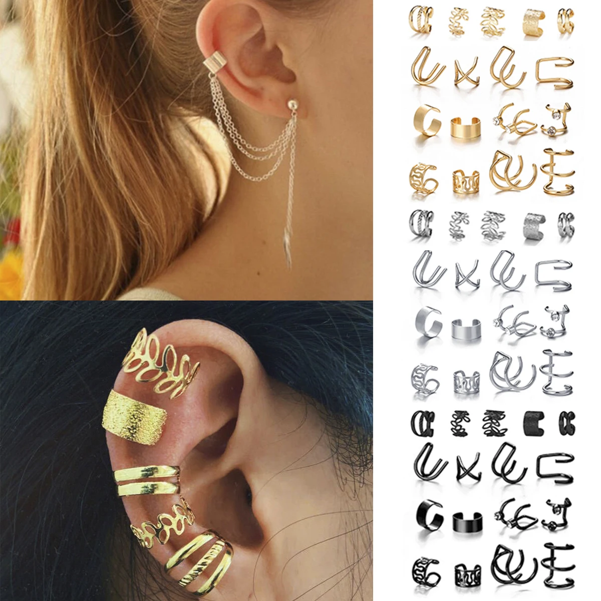LATS Gold Leaves Ear Cuff Black Non-Piercing Clip Earrings for Women Men Fake Cartilage Earring Trend Jewelry Wholesale | Украшения и