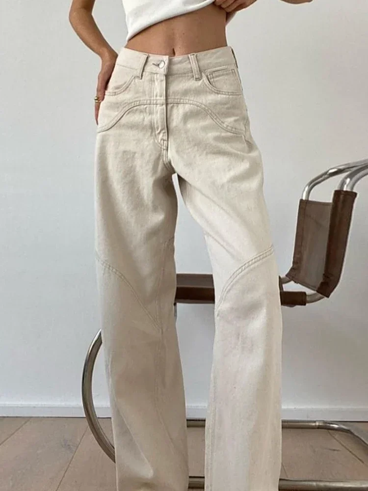 Deeptown Beige Jeans Women Denim Vintage Baggy Casual Trousers High Waist Wide Leg Pants Classic Streetwear Fashion Retro Ladies
