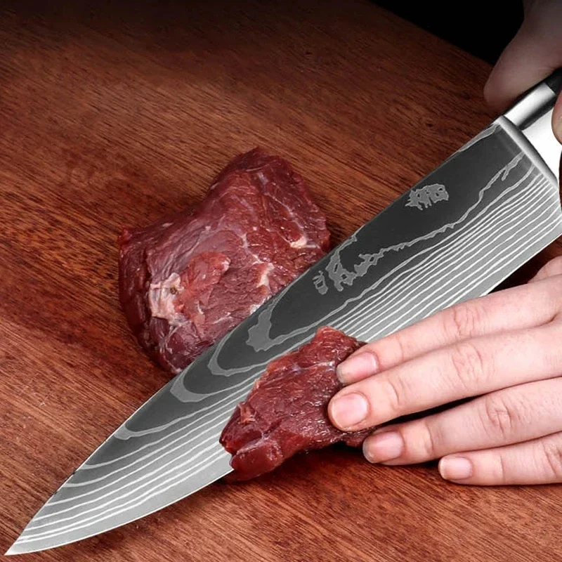 Kitchen Knives Laser Damascus Pattern Utility Professional Chef Santoku Meat Cleaver Accessories