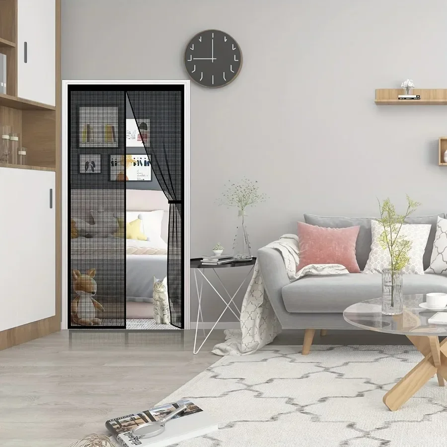 Magnetic door curtain self sealing hands-free mesh partition preventing insects from entering pet and child friendly