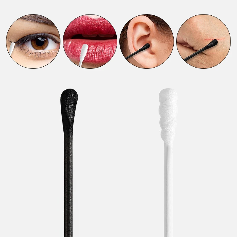 100Pcs/Box 2-in-1 Ear Digging Spoon Double Ended Cotton Stick Spiral Ear Cleaner Disposable Cleaning Black And White Cotton Swab 3