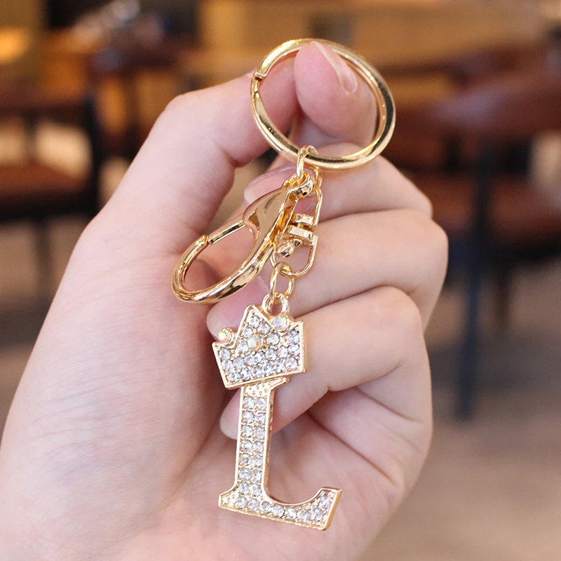 26 Initial Letter Rhinestone Keychain For Women Charm Crystal Crown Gold Plated Key Ring Bag Car Key Chains DIY Accessoreis