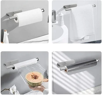 Wall-mounted Toilet Paper Towel Holder Self Adhesive Cabinet Organizer Rack Kitchen Storage Hook Stainless Steel Wall Shelf 5