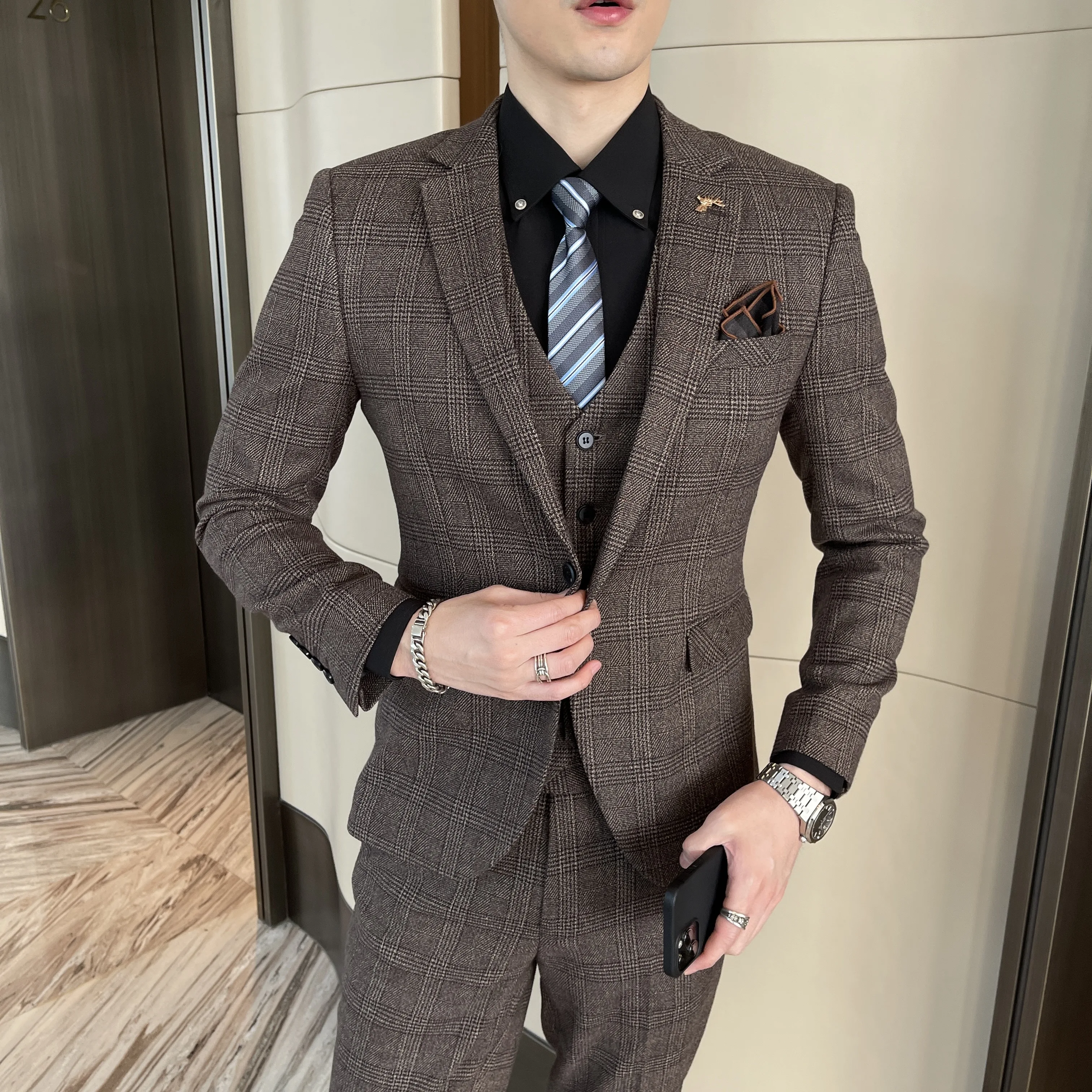 High quality fashion handsome all matching (suit + vest + trousers) leisure business trend boutique three-piece set
