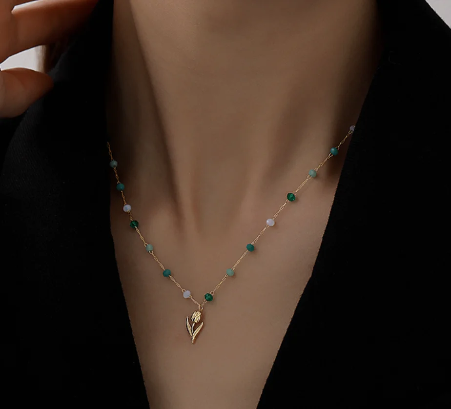 Simple tulip pendant imitation crystal titanium steel necklaces for women 2023 fashion jewelry