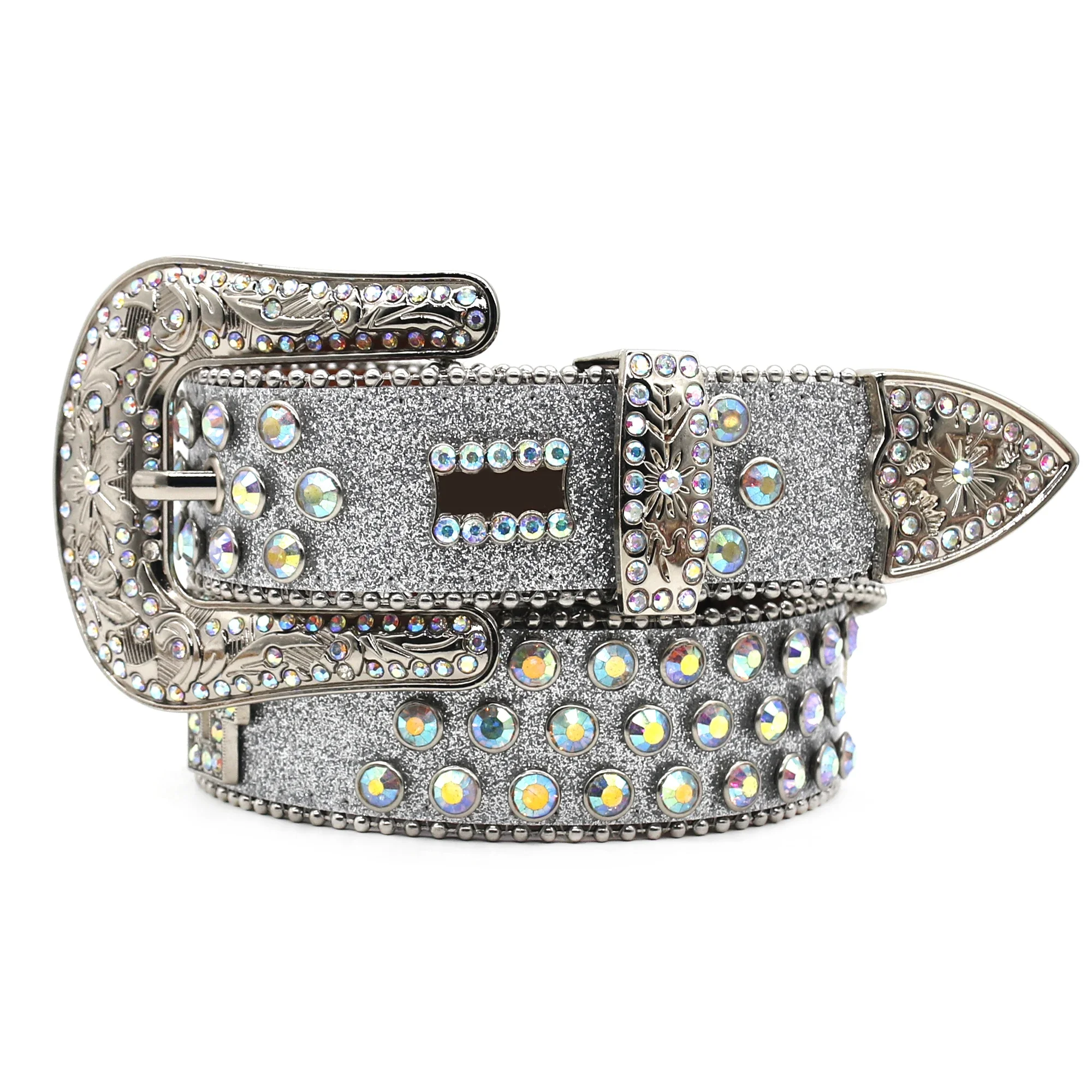 Western skinny Silver AB glitter buckle fashion y2k Hip-hop Punk trend rhinestone-inlaid BB rap hip-hop belt