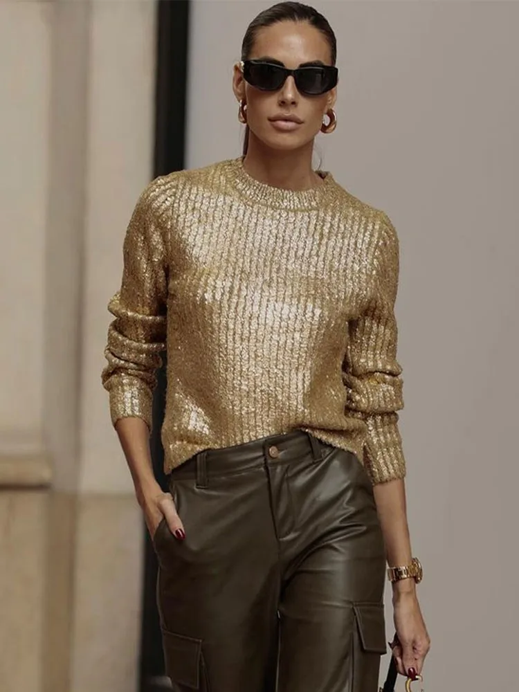 

Sleeve Knit Pullover 2023 Autumn Winter New Office Ladies Jumpers Fashion Gold O Neck Sweaters For Women Causal Slim Long