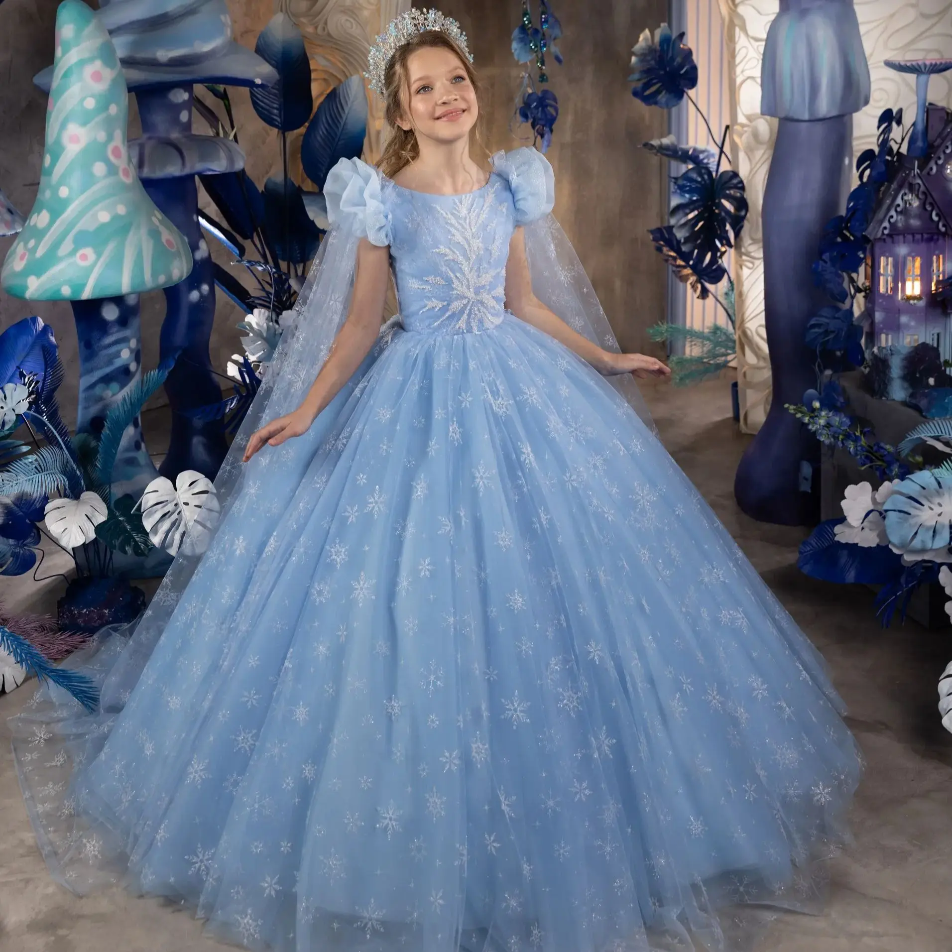 

Elsa Ball Gown Girls Pageant Dresses Glitter Sequins Children Birthday Gowns with Long Shawls Elegant Kids Wedding Guest Dresses