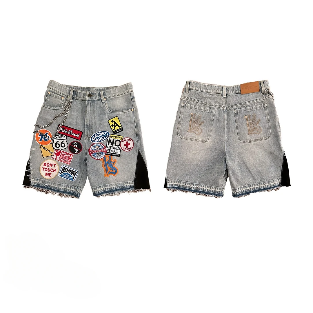 America Retro Denim Hip Hop Pattern Patchwork Shorts Men Y2k Gothic Western Cowboys Blue Baggy Jeans Shorts Gym Running Jorts