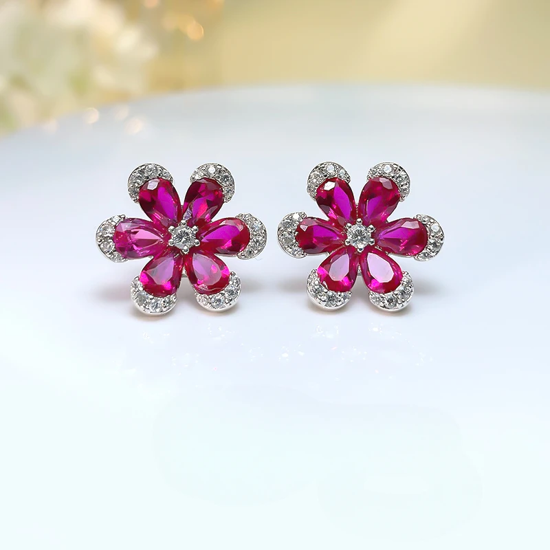 

New 925 Silver Artificial Rose Red Treasure Flower Earrings for Women's Advanced Sense Earrings Wedding Jewelry