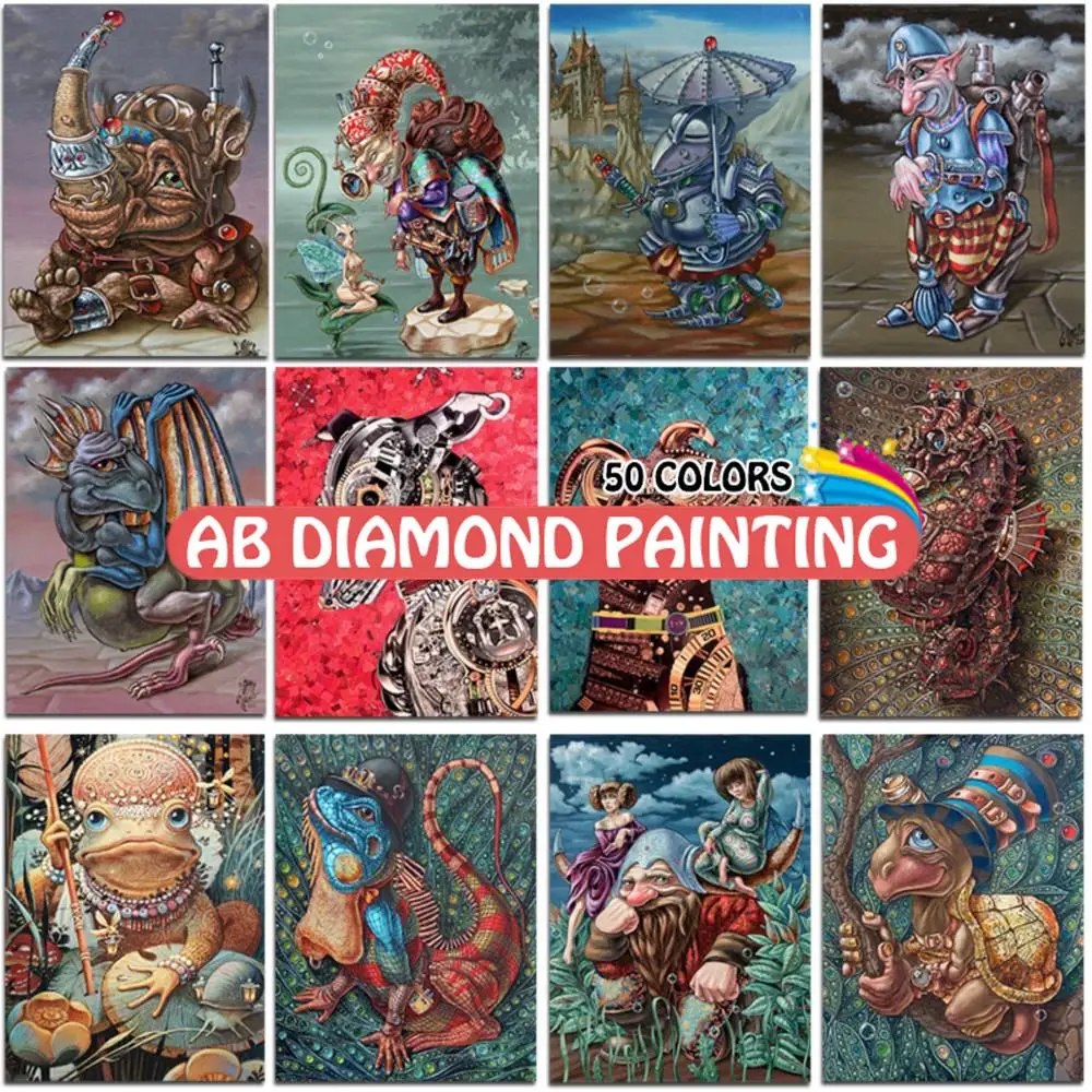 

AB Diamond Painting Kit Funny Animals Dragon Turtle 5D DIY 50 Colors Full Square Round Drill Mosaic Cross Stitch Home Decor Art