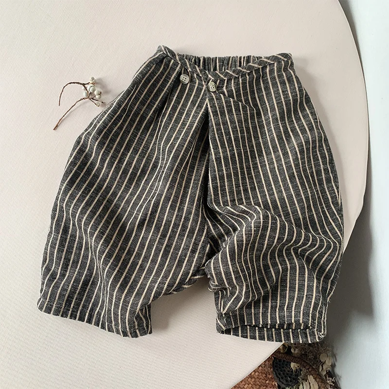 

Kids Pants 2023 Spring Summer Vertical Striped Cotton and Linen Simple Style Boys and Girls Loose Wide Leg Casual Haren Pants