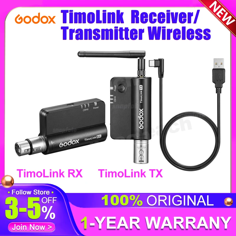 Godox TimoLink TX RX 무선 DMX 송신기 리시버 세트, 자동 주파수 호핑, CRMX 루멘 라디오 내장