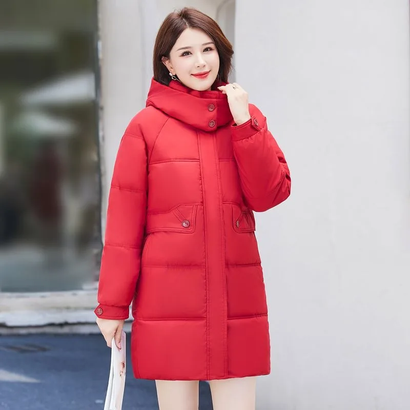 2023 New Women Down Cotton Coat Winter Jacket Female Mid Length Version Parkas Thick Warm Outwear Hooded Versatile Overcoat
