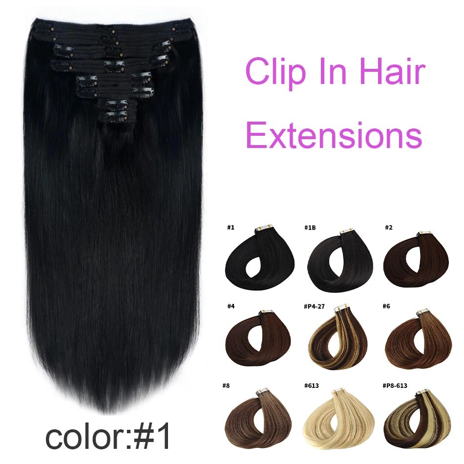 Straight Clip In Hair Extensions Brazilian Remy Human Hair Extension with 18Clips For Women Natural Black #1B Clip In Remy hair extensions