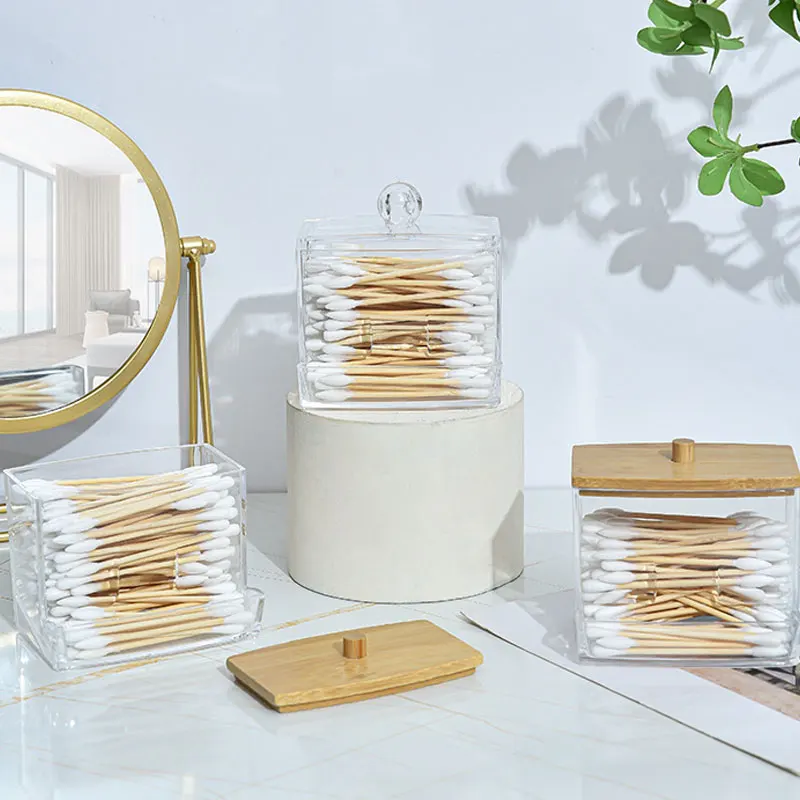 1pc7 Oz Cotton Swab Pads Holder Organize And Store Cotton Buds With Wood Lids For Bathroom And Apothecary Jars