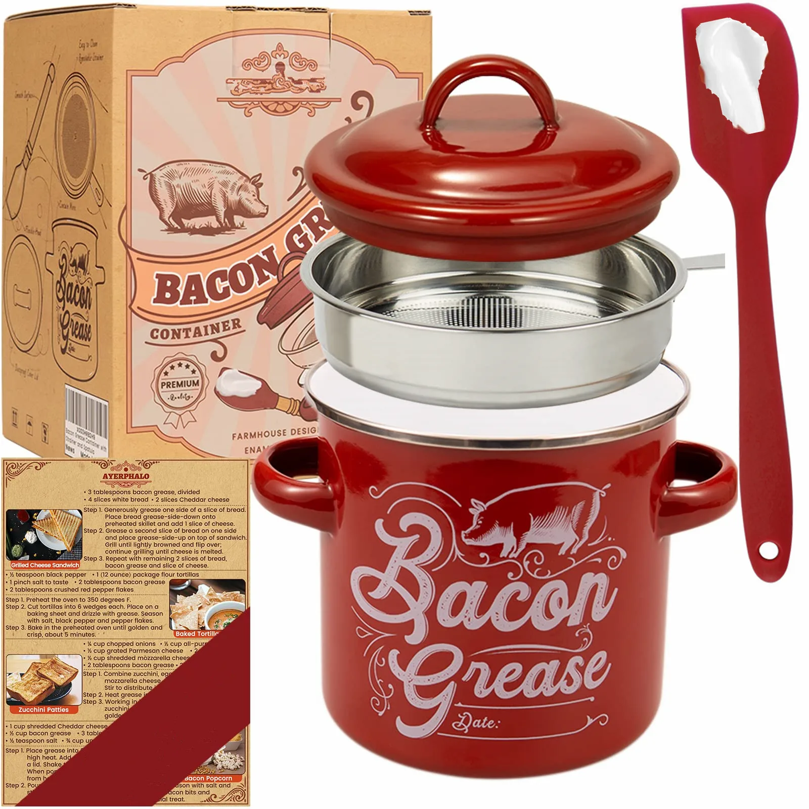 

Bacon Grease Container With Strainer And Silicone Spatula 40oz Enamel Cooking Oil Storage Can For Storing Fats Dishwasher Safe