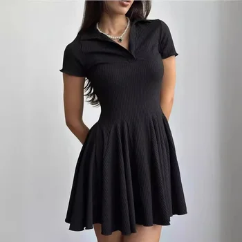 Abito chemisier elegante da donna in poliestere a tinta unita, con maniche regolari e vita aderente, stile semplice e alla moda