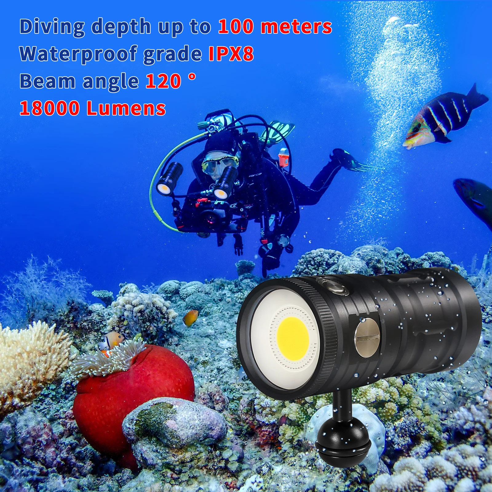 Lampe Torche De Plongée Sous-marine 30 000 Lumens - 3 LED T6, étanche 100 M, Ultra Puissante