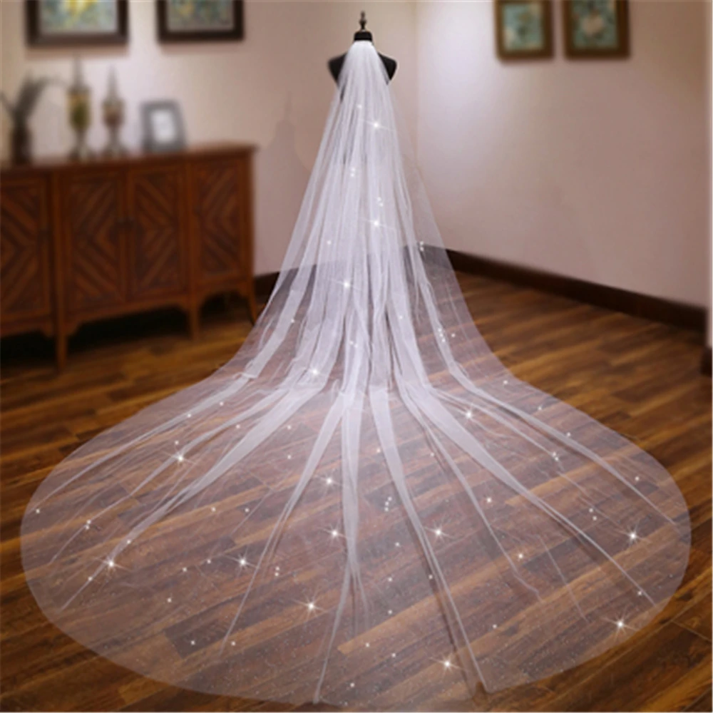 

2022 Bling Bling Cheap Long Bridal Veils Sparkly Glittering White Cathedral Wedding Veil With Comb velo de novia NEW