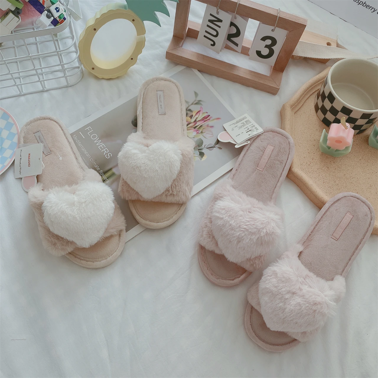 

Женские домашние тапочки с открытым носком, меховые сандалии с сердечками, мягкая подошва, Нескользящие, хлопковая обувь для дома, весна-осень