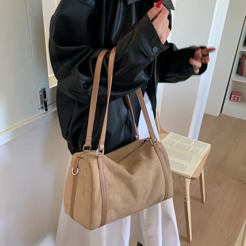 Suede Leather Casual Handbag Solid Color Versatile Shoulder Bag Large Capacity Elegant Boston Bag Travel Shopping Date Bag