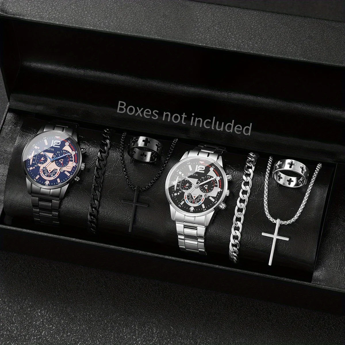 4PCS trendy hip-hop men's business watch bracelet ring set, analog mechanical watch quartz watch men's clock (no box)
