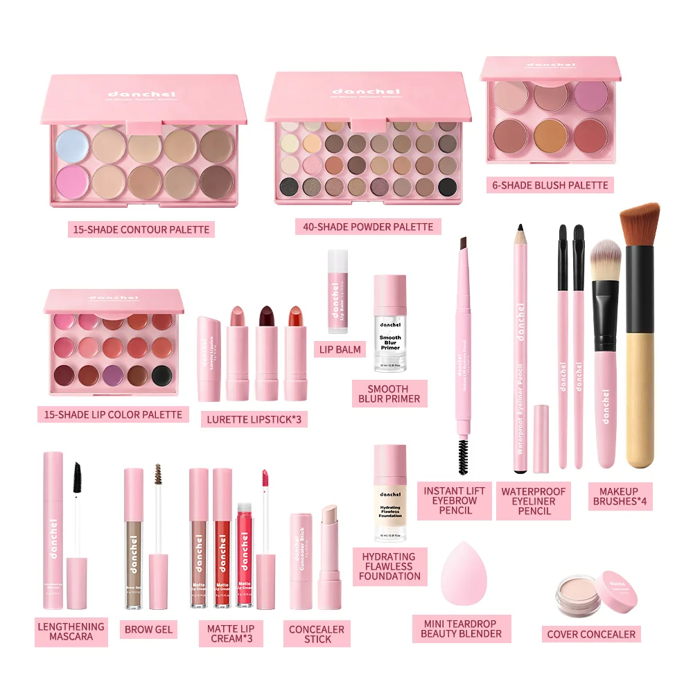 Set trucco all-in-one per viso completo: base, correttore, contorno, illuminante, palette blush, matita per sopracciglia, ombretto, kit trucco labbra - immagine 2