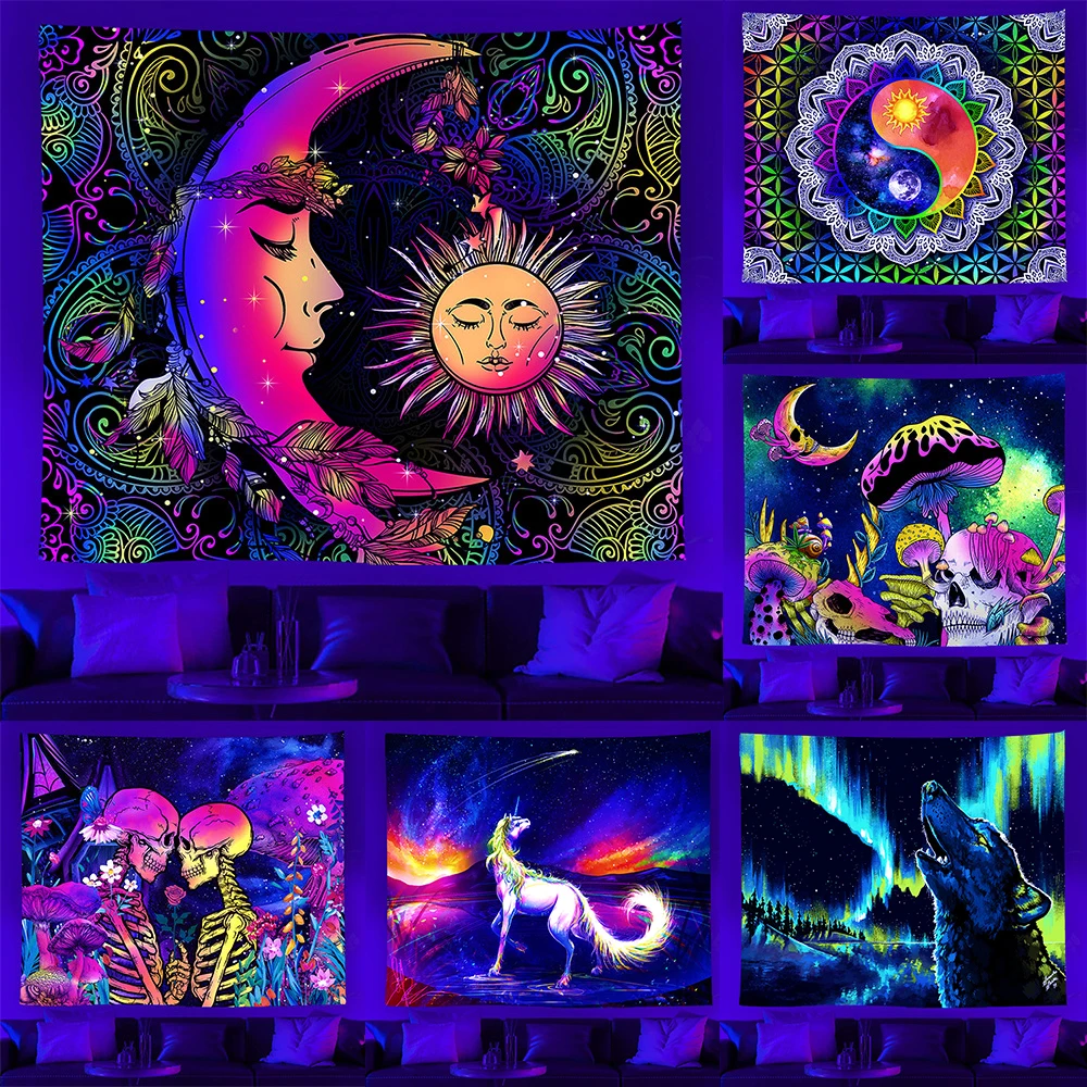

Black Light Tapestry Party UV Response Psychedelic Neon Wall Hanging Tapestry Aesthetic Room Decoration Yoga Meditation