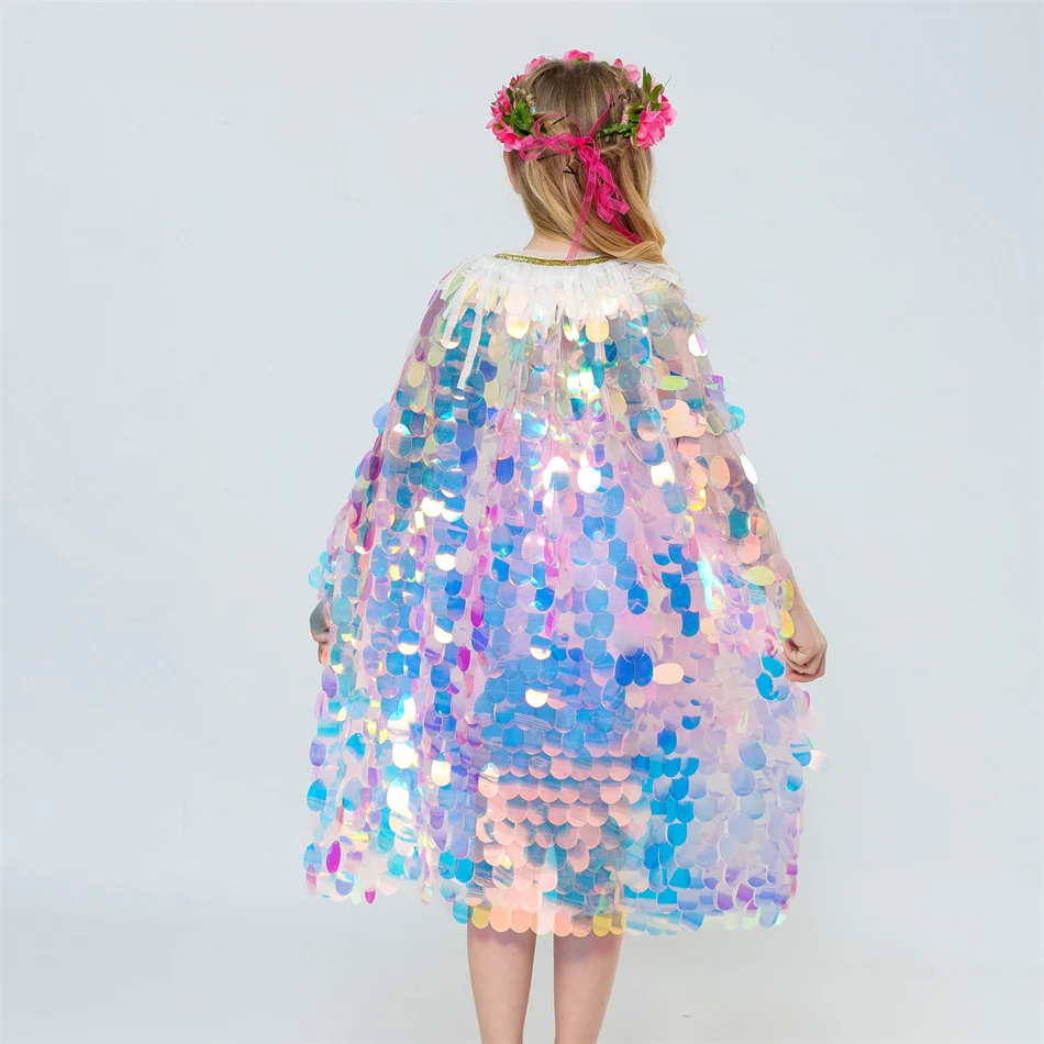 Girls Mermaid Shiny Sequin Cloak Kids Ariel Princess Mantle Dress Glitter Shawl Costume Children Blingbling Cape Accessory