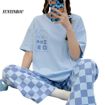 용수철 반팔 PJ 니트 스트라이프 잠옷 세트, 우아한 여성 잠옷, 라운지 홈 잠옷, 5XL, 여름 신상