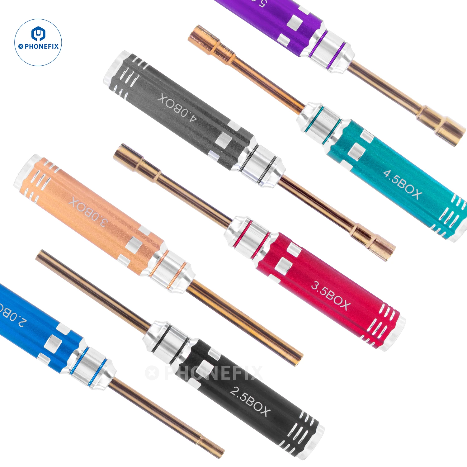 Gros plan sur les embouts hexagonaux du kit de tournevis pour modèles réduits, tailles de 2.0 à 5.0 mm.