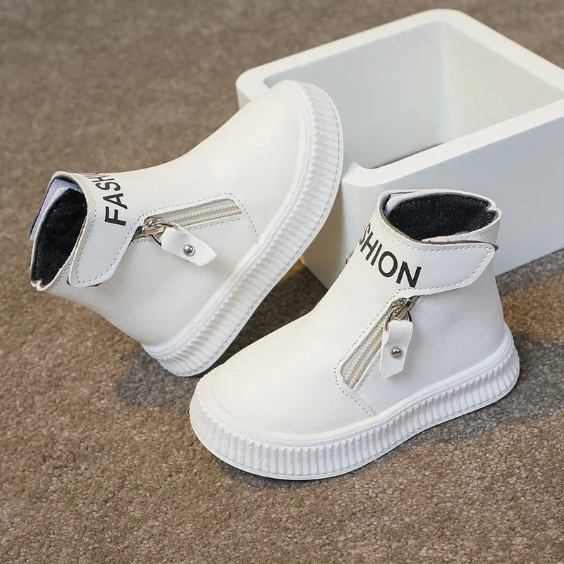 Leather Kids Boots with Side Zipper and Non Slip Sole