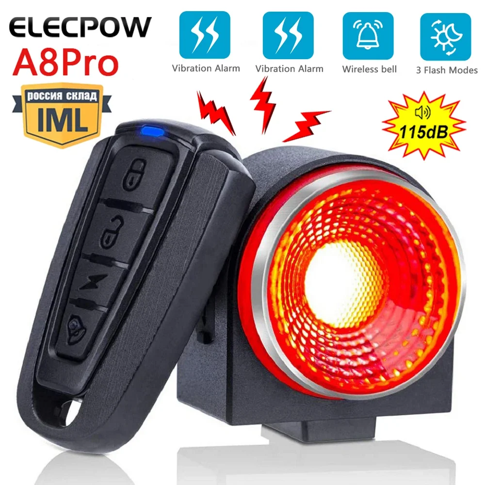 Elecpow-alarma A8Pro para bicicleta, lámpara trasera, luz de detección de freno, Control remoto inalámbrico, carga USB, alarma antirrobo, bocina de luz trasera