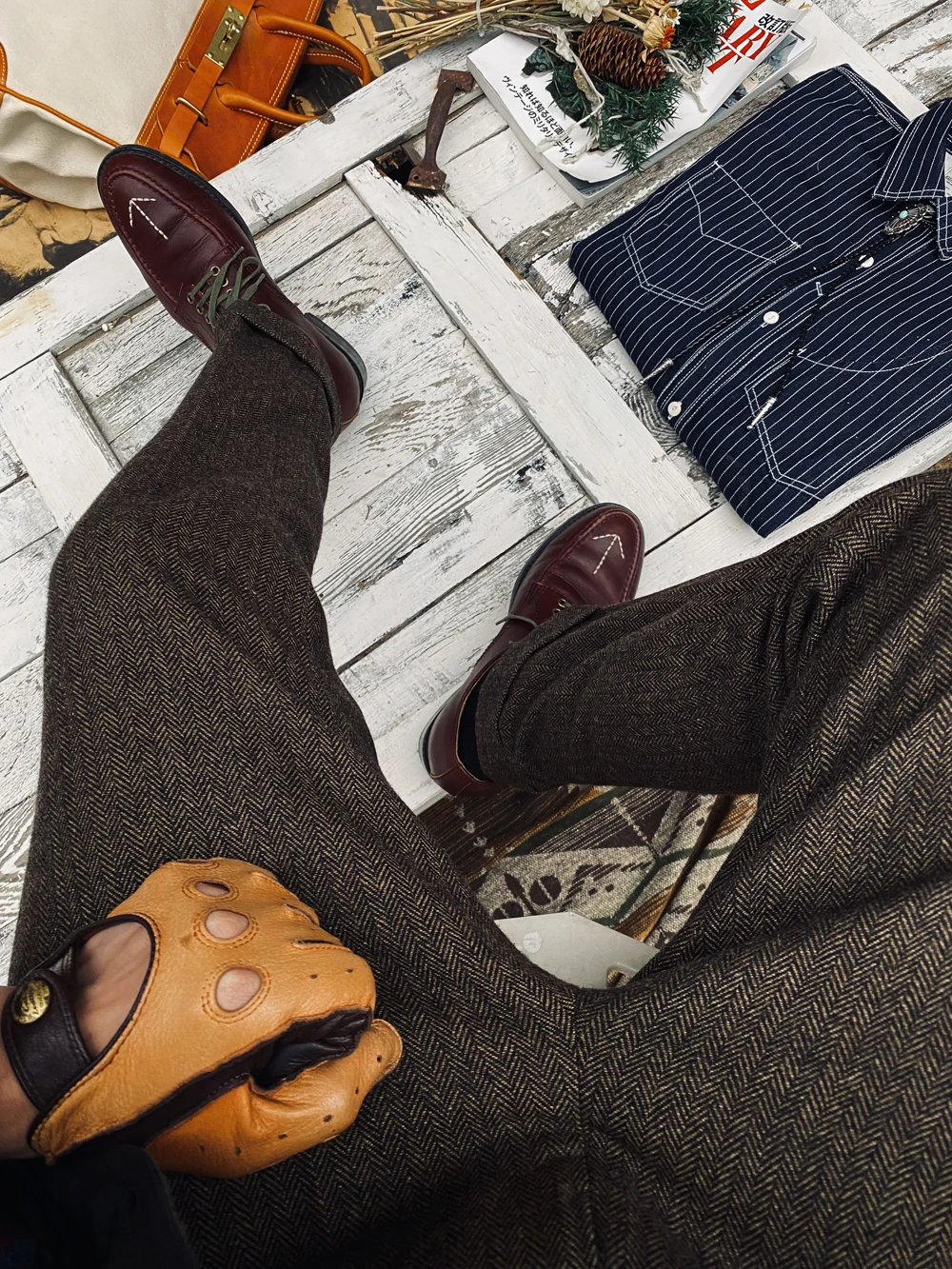 Tailor Brando British Retro Herringbone Wool Micro Tapered Trousers 9.5-point Men's Tweed Trousers