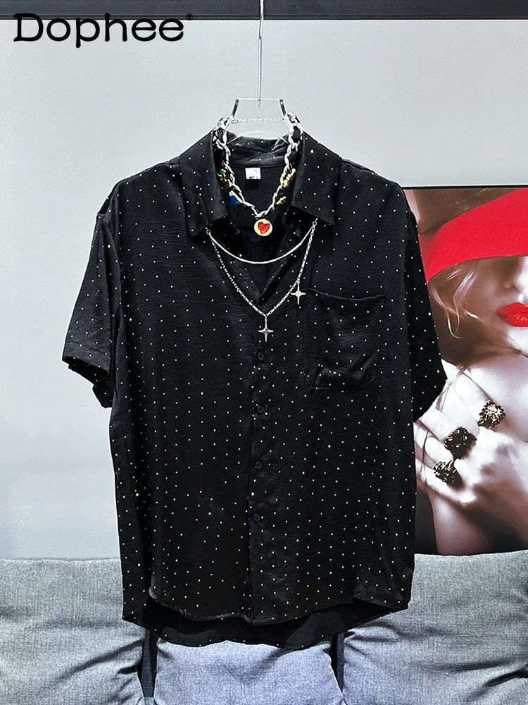 

Fashion Necklace Decorative Rhinestone Short Sleeve Shirts 2024 Summer New Shirts Starry Handsome Casual All-Match Men's Shirt