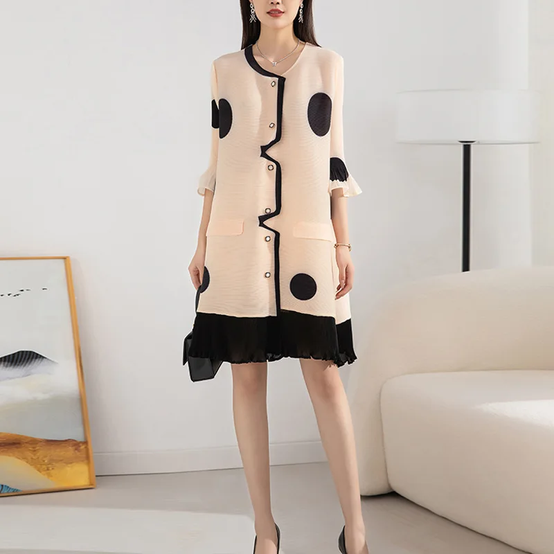 

Осень 2022, однобортное свободное платье с принтом, плиссированное повседневное тонкое винтажное платье миаке, пальто для женщин