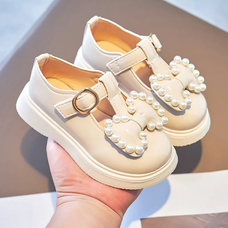 Spring Autumn Girls Leather Shoes with Bow-knot Pearls Beading Princess Sweet Cute Soft Comfortable Children Flats Kids Shoes