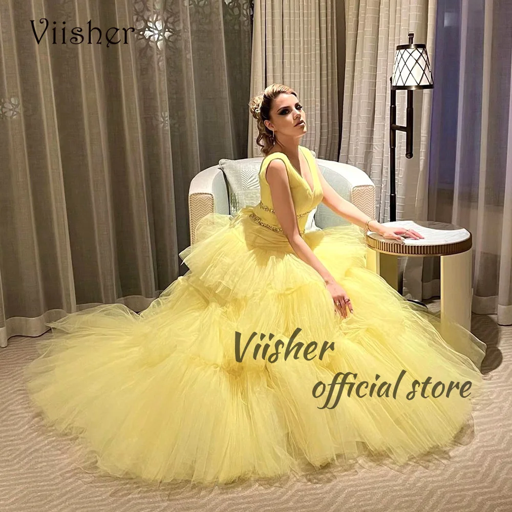 

Viisher Yellow Tulle A Line Prom Party Dresses V Neck Beads Belt Long Formal Evening Dress Floor Length Dubai Celebrate Dress