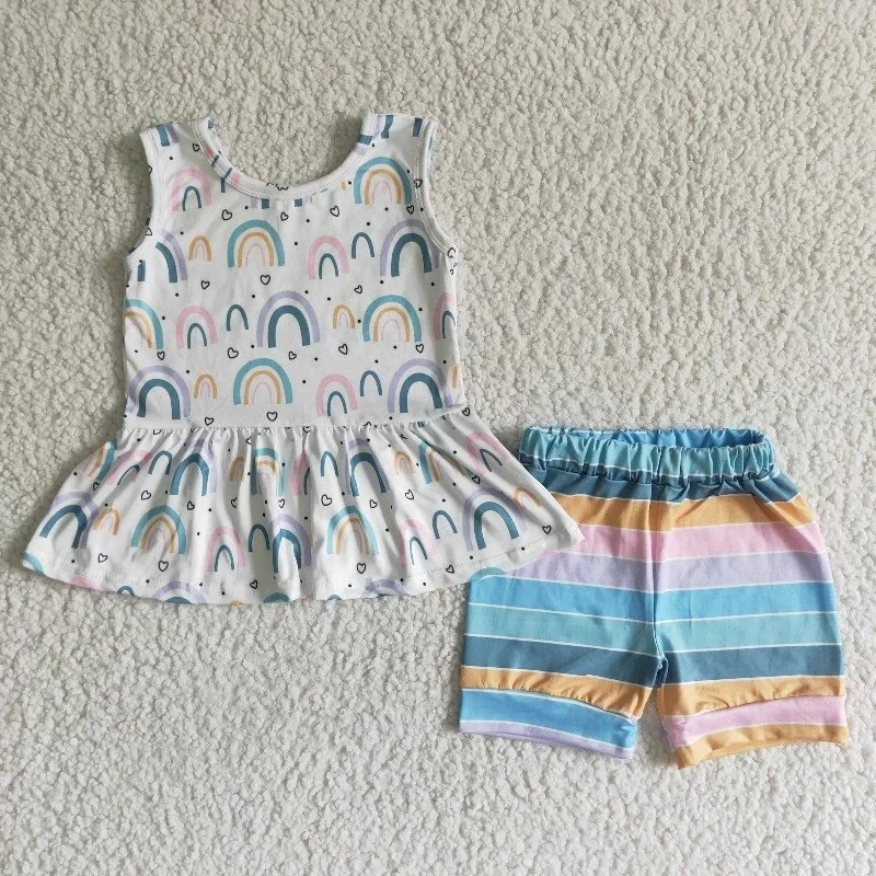 

Wholesale Fashion Summer Children New Clothing Baby Girl Rainbow Shirt Top Colorful Stripe Shorts Clothes Kids Boutique Outfit