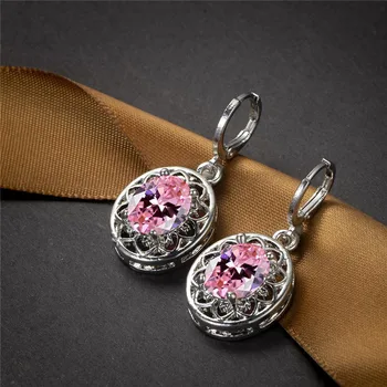 Luxury Crystal Rainbow Stone Hoop Earrings Classic Silver Color Engagement Earrings Dainty Oval Zircon Flower Earrings For Women