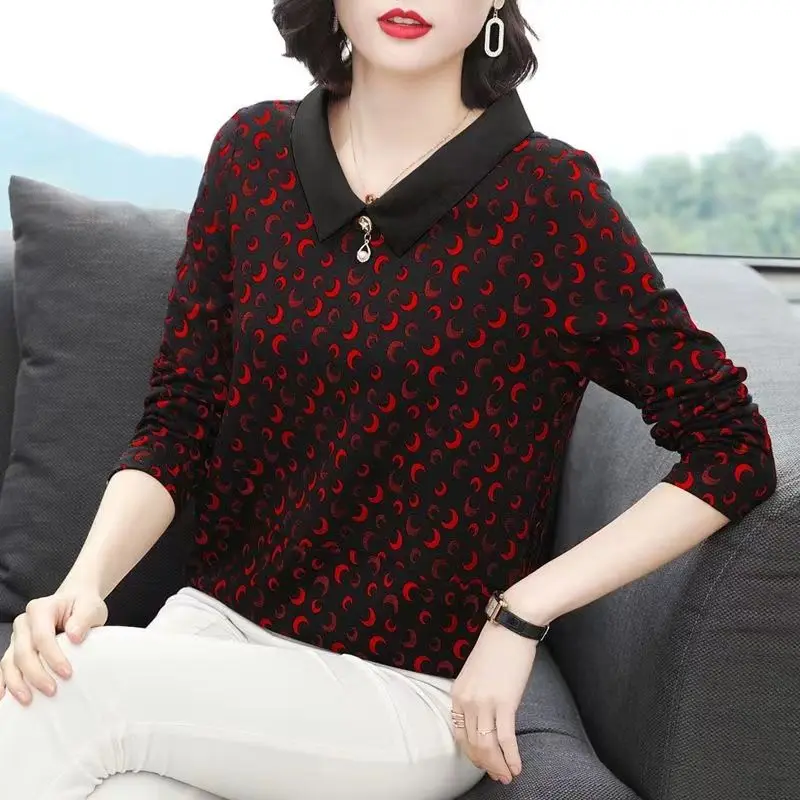 

Spring Autumn Polo Collar Long Sleeve T-shirt Women's Loose Mom Bottoming Shirt New Floral Top M-5XL