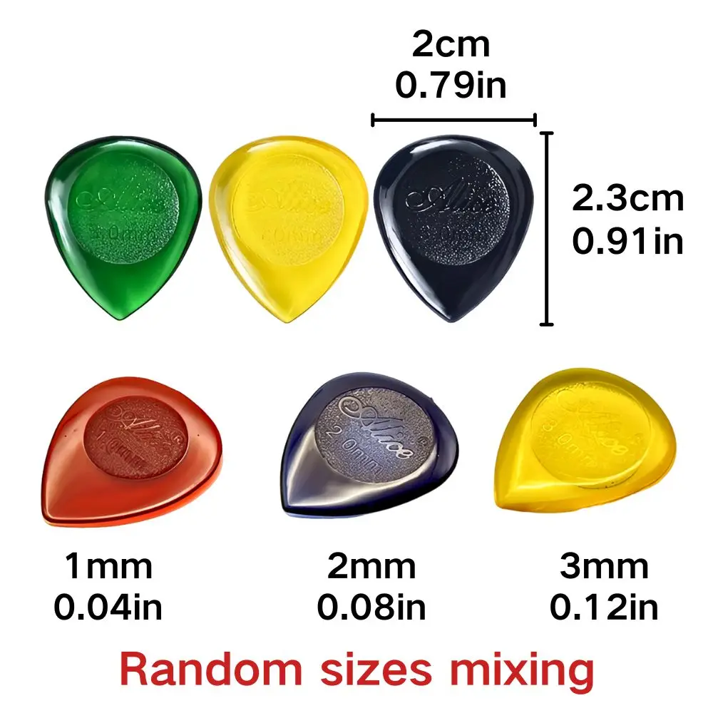 6pcs 무작위 컬러 크리스탈 기타 픽업 1-3mm 혼합 크기 눈물방울 모양 플렉트럼 악기 액세서리 YMY