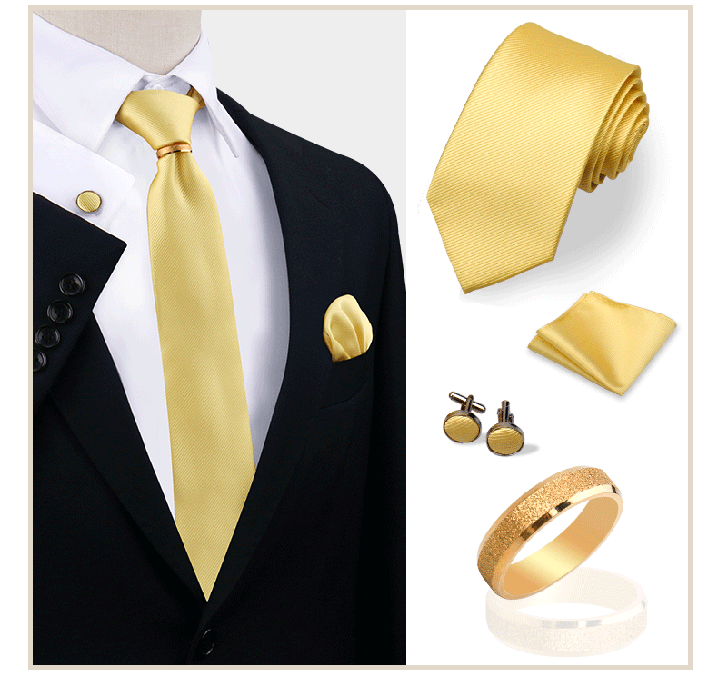 Luxus-Krawattenset in Uni-Farbe für Herren, Krawatte, Taschentuch, Manschettenknöpfe mit goldenem Metallring, Brosche, Anzug, Hochzeit, Herren-Accessoires – Detail 18