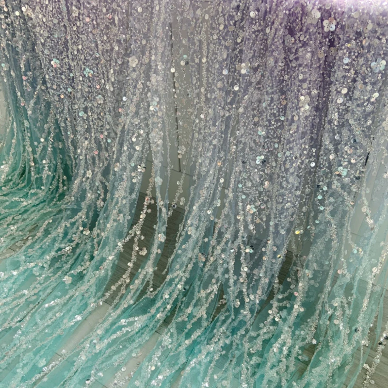 Water Blue Purple Gradient Heavy Beaded Sequined Fabric for