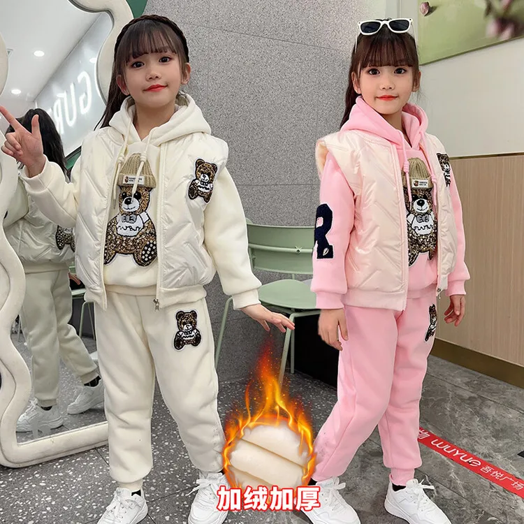 

winter Teenage Girl Clothes Set Children's Girls waistcoat Hoodies Pullover Top+Cartoon Pant 3 Pieces Suit Kid Letter Tracksuit